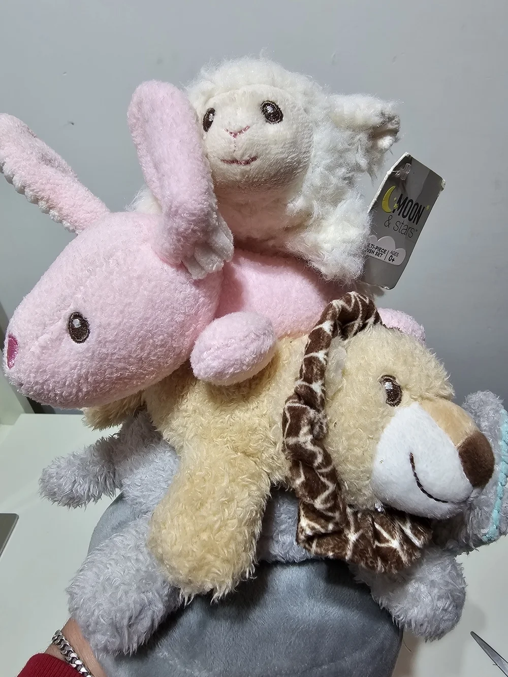 Moon & Stars Plush Stack Animal Rattle Toy - Pink, Cream, Gray, Brown NEW